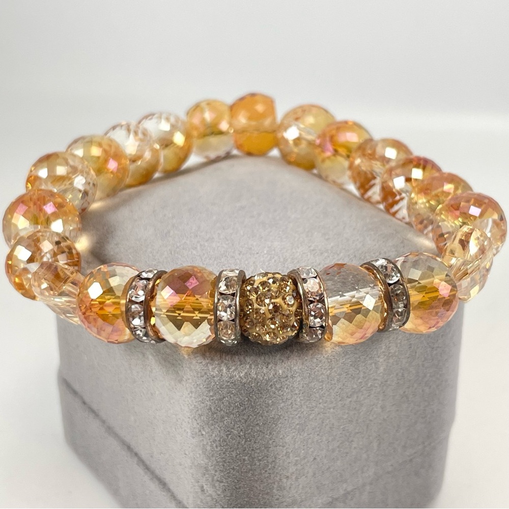 Stunning Unsigned Champagne AB Coated Glass Beaded Stretch Bracelet Statement